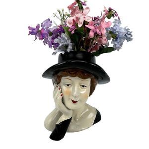 Vintage Lady Head Vase Black Hat Figure